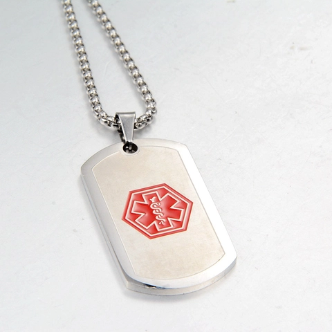 Medical ID Dog Tag Necklace Stainless Steel Pendant With Star Of Life Symbol Red Medical Alert Necklace For Unisex Emergency Jewelry