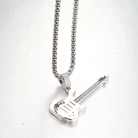 Collar con Colgante de Guitarra de Acero Inoxidable para Hombre Mujer Estilo Rock Música Joyería Pulida Tono Plateado