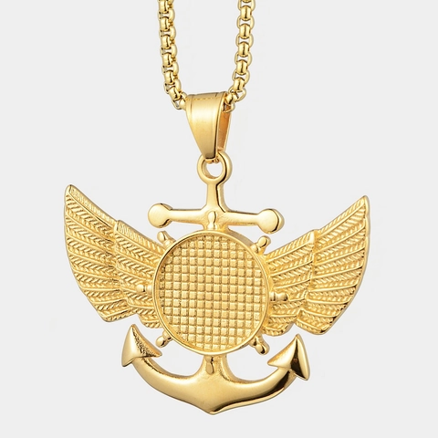 Collana con Pendente Medaglione Ancora Ala in Acciaio Inossidabile Gotico Oro Placcato Catena Box Unisex Hip Hop Gioielli