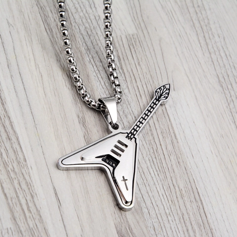 Collana con Pendente a Forma di Chitarra Elettrica in Acciaio Inossidabile Gioielli Punk Rock a Tema Musica per Uomo Donna Argento