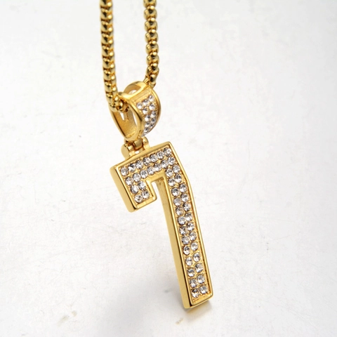 Collana con Pendente Numero 7 Hip Hop Iced Out per Uomo Donna in Acciaio Inossidabile Oro con Strass