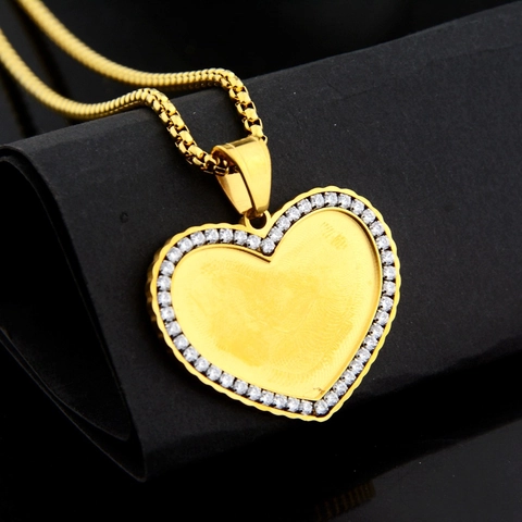 Stainless Steel Heart Locket Pendant Necklace Rhinestone Fingerprint Pattern Gold Color Box Chain Unisex Fashion Jewelry