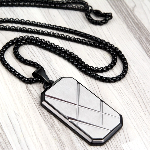 Stainless Steel Striped Rectangular Pendant Necklace For Men Women Geometric Engraving Industrial Style Fashion Neck Jewelry