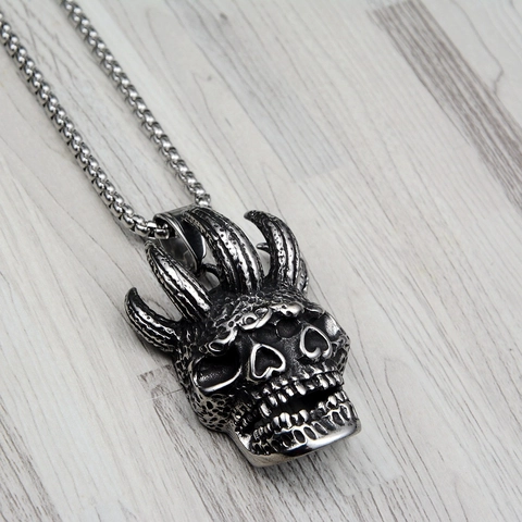Collar con Colgante de Cabeza de Calavera India de Acero Inoxidable Envejecido Vintage para Hombres Mujeres Joyería Individual Estilo Punk Gótico