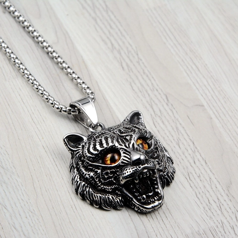 Vintage Titanstahl Tigerkopf Anhänger Halskette Strass Auge Hip Hop Punk Tier Schmuck Für Herren Street Style Accessoire