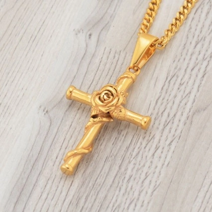 Collar con Colgante de Cruz de Rosa de Acero Inoxidable Vintage para Hombre Mujer Hip Hop Cadena Oro Plata Joyería Regalo