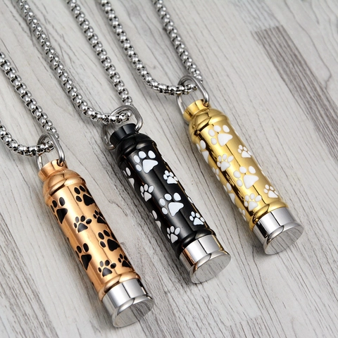 Stainless Steel Pet Cremation Urn Necklace Cylindrical Paw Print Memorial Jewelry For Ashes Pendant Necklace For Dog Cat