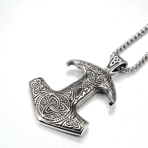 Wikinger Thors Hammer Edelstahl Halskette Rabe Keltischer Knoten Anhänger Retro Silber Poliert Punk Gothic Schmuck Unisex