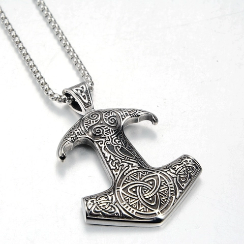 Wikinger Thors Hammer Edelstahl Halskette Rabe Keltischer Knoten Anhänger Retro Silber Poliert Punk Gothic Schmuck Unisex
