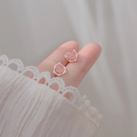 Boucles d'Oreilles Clous Planète en Quartz Fraise pour Femmes Cuivre Argenté Rose Romantique Cristal Orbite Strass