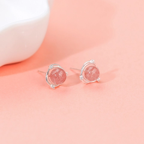Boucles d'Oreilles Clous Planète en Quartz Fraise pour Femmes Cuivre Argenté Rose Romantique Cristal Orbite Strass
