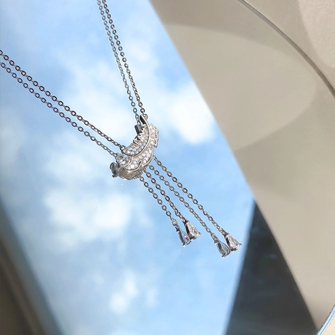 Elegante Collar de Colgante de Pluma de Cobre y Circonia para Mujer Cadena de Suéter Larga con Borla Plateado Joyería de Moda