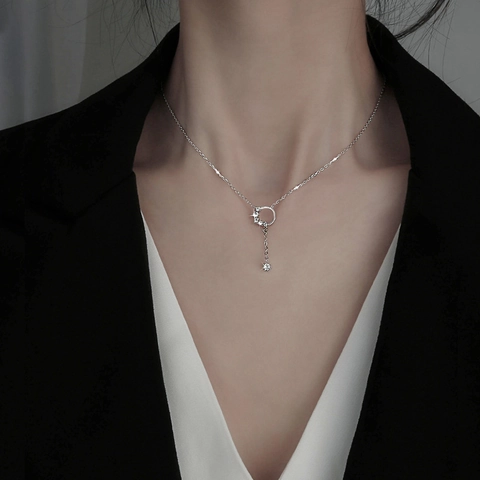Collar con Colgante de Círculo y Borla de Cobre y Strass para Mujer Chapado en Plata Estilo Coreano Joyería de Moda