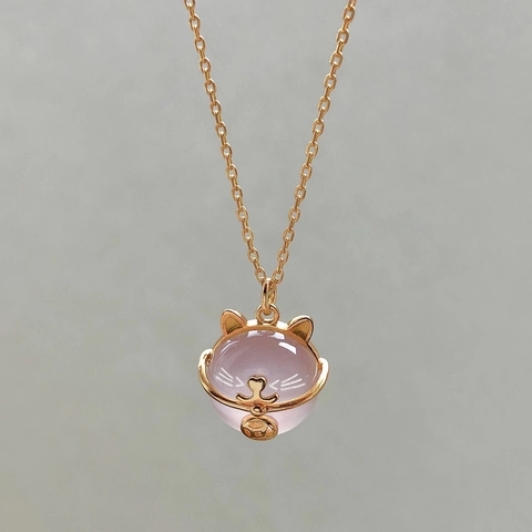 Collana con Pendente Gatto della Fortuna Minimalista Rame Placcato Oro Rosa Calcedonio Rosa Ciondolo Animale Catena Clavicola Gioielli Donna