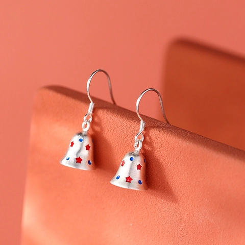 Christmas Bell Drop Earrings With 925 Sterling Silver Earring Post Copper Silver Plated Red Star Blue Dot Festive Jewelry