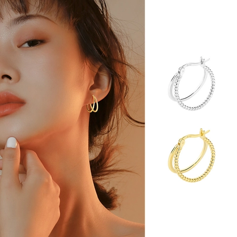 Orecchini a Cerchio Doppi Intrecciati di Nicchia per Donna Minimalisti in Rame Placcato Oro Perno in Argento Sterling 925 Gioielli Coreani