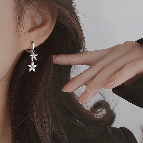 Elegante Dubbele Bloem Drop Creolen Met 925 Sterling Zilveren Stift Marquise Zirkonia Sierlijke Zilveren Bloemen Voor Vrouwen