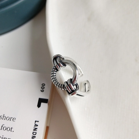 Anello in Argento Sterling 925 Vintage da Donna Cerchio Tondo Traforato Corda Intrecciata Argento Distressed Regolabile