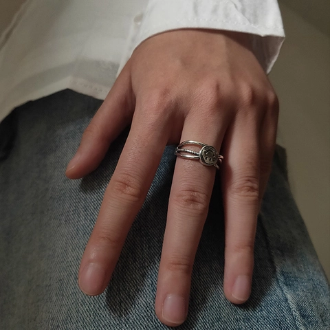 Anello Aperto in Rame con Faccina Sorridente Vintage per Donna Uomo Lettera Portafortuna Quadrifoglio Multistrato Regolabile