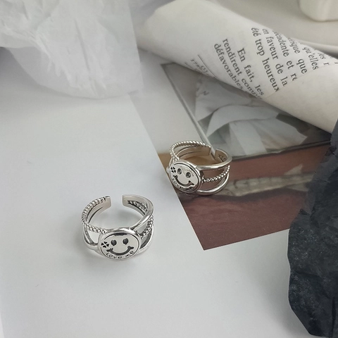 Anello Aperto in Rame con Faccina Sorridente Vintage per Donna Uomo Lettera Portafortuna Quadrifoglio Multistrato Regolabile