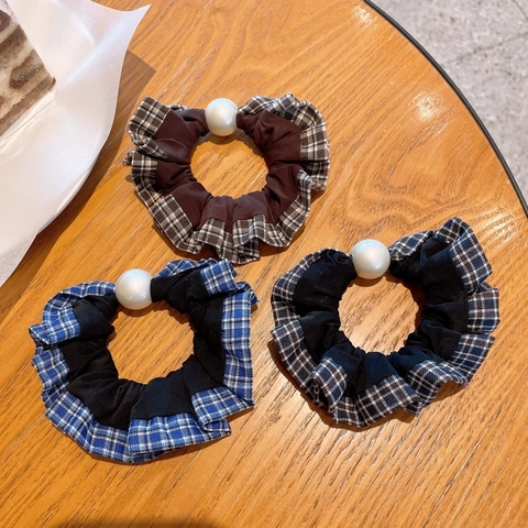 Coletero de Tela a Cuadros Retro para Mujer Con Perla Artificial Elegante Cuerda de Pelo Elástica para Niñas Tocado Diario