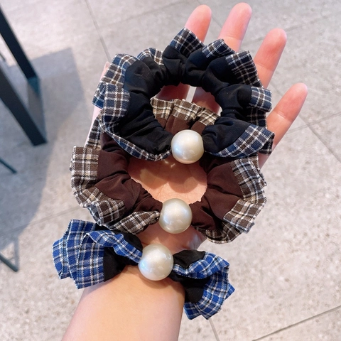 Coletero de Tela a Cuadros Retro para Mujer Con Perla Artificial Elegante Cuerda de Pelo Elástica para Niñas Tocado Diario