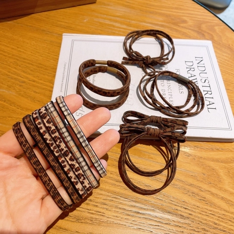 Ensemble d'Élastiques à Cheveux Nœud à Carreaux Imprimé Léopard pour Femmes Style Coréen Simple Accessoires de Coiffure