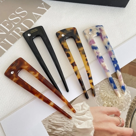 Vintage Acetat U-Form Haargabel Für Damen Elegant Leopard Marmor Muster Haarstab Mit Strass Französischer Haarschmuck