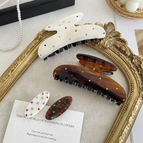 Vintage Acetate Hair Claw With Colorful Rhinestones Elegant Shark Clip For Women Daily Styling Hair Accessories Multi Colors