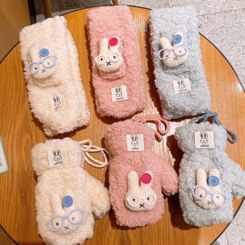 Cute Cartoon Rabbit Glasses Plush Scarf And Mitten Gloves For Kids Winter Warm Faux Fur Polyester Neck Warmer Cold Weather Accessory