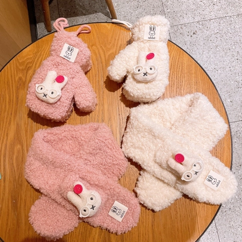 Cute Cartoon Rabbit Glasses Plush Scarf And Mitten Gloves For Kids Winter Warm Faux Fur Polyester Neck Warmer Cold Weather Accessory