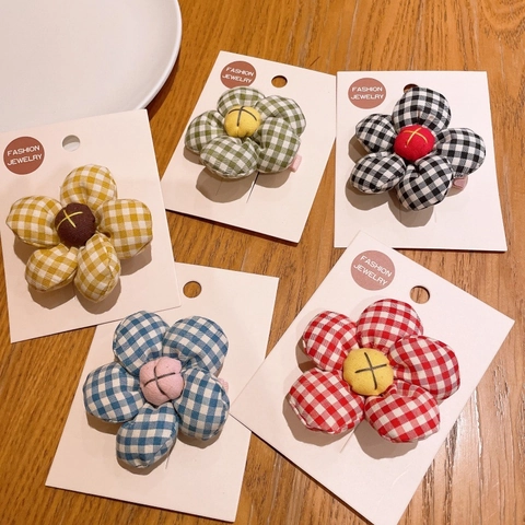 Fermaglio per Capelli a Forma di Girasole Imbottito in Stile Coreano per Ragazze in Tessuto Gingham Fiore 3D Fatto a Mano
