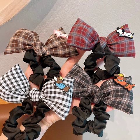 Coletero Grande de Lazo de Tela a Cuadros Con Decoración de Perro Animado Lazo de Pelo Dulce para Niñas Estilo Colegial
