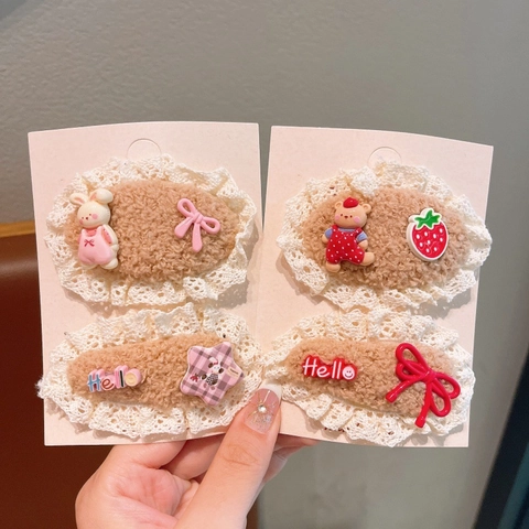 Set Fermagli per Capelli Bambini in Pizzo e Peluche Fatti a Mano Animali Cartoni Animati Forcine per Ragazze Stile Coreano Accessori Capelli