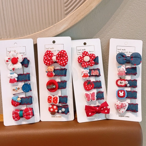 Barrettes à Cheveux Coeur Bleu Denim pour Enfants Dessin Animé Animal Noeud Étoile Accessoires de Cheveux Fait Main Tissu Résine Pinces BB