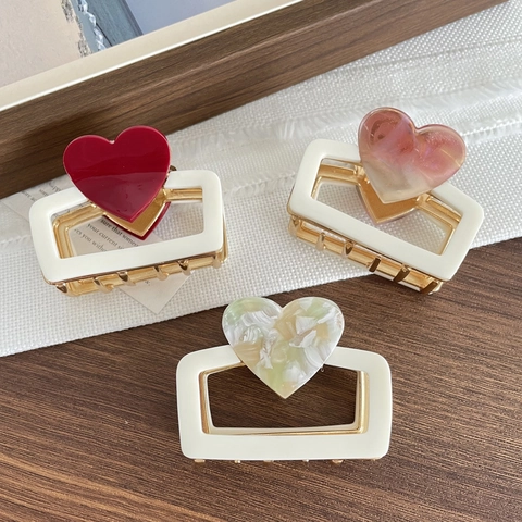 Elegant Heart Acetate Shark Clip Marble Texture Hair Claw Rectangular Alloy Hair Clips For Women Fresh Hair Accessory