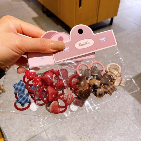 Cute Korean Style Fabric Plaid Heart Star Button Hair Ties For Girls Handmade Geometric Pattern Daily School Hair Accessories
