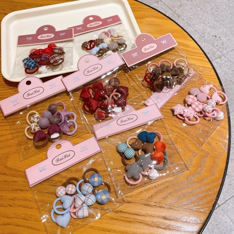 Cute Korean Style Fabric Plaid Heart Star Button Hair Ties For Girls Handmade Geometric Pattern Daily School Hair Accessories