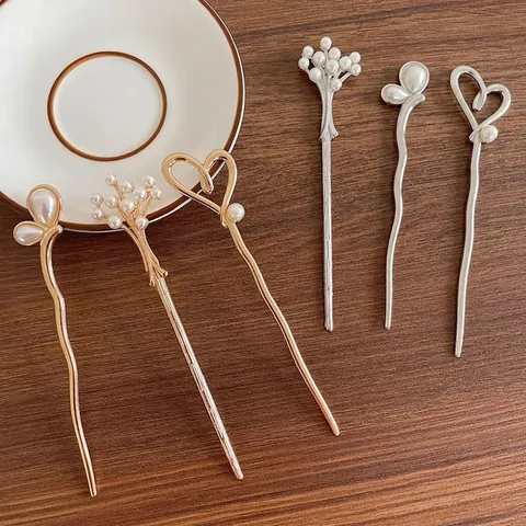 Horquilla de Aleación de Estilo Chino Vintage con Perla Artificial de Imitación Elegante Corazón Brote Ramo Oro Plata para Mujer