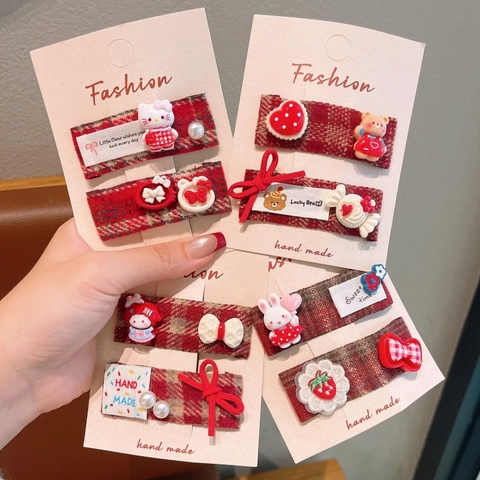 Vintage Koreanischen Stil Rot Kariert Stoff Haarspangen Set Karikatur Tier Schleife Herz Handgefertigt BB Clips Für Kinder Mädchen Mode Haarschmuck