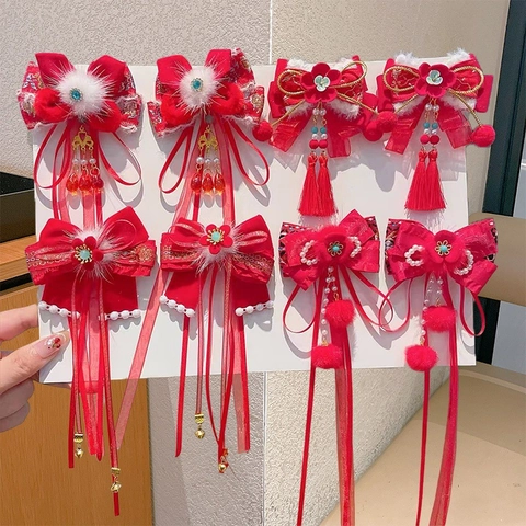 Fermagli per Capelli a Fiocco Rosso per Bambine Stile Antico Cinese Forcina con Nappa Pompon di Pelliccia Sintetica Perla Artificial Accessori per Capelli Festivi