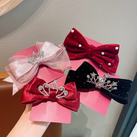 Large Velvet Bow Hair Clip For Kids Girls Rhinestone Crown Artificial Pearl Princess Hairpin New Year Birthday Headwear