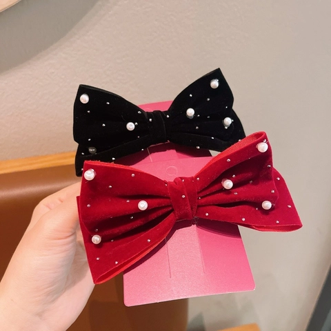 Large Velvet Bow Hair Clip For Kids Girls Rhinestone Crown Artificial Pearl Princess Hairpin New Year Birthday Headwear