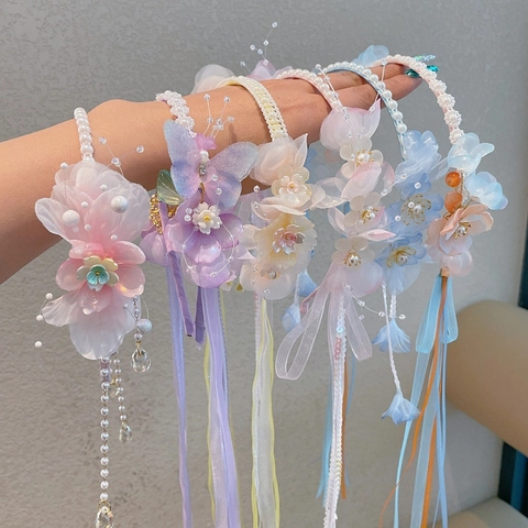 Oude Chinese Stijl Fee Haarband Voor Meisjes Handgemaakte Gaas Bloem Vlinder Kunstparel Lange Streamer Kwastje Hoofdband Kinderen Haaraccessoire