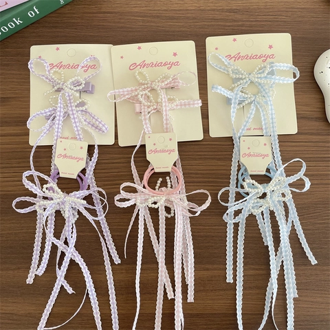 Süße Balletcore Karierte Schleife Haarklammer Mit Künstlichen Perlen Handgefertigt Langes Band Haargummi Für Mädchen Kinder Haarschmuck