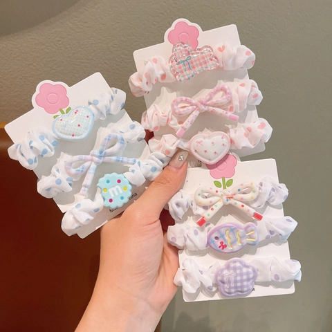 Set Elastici per Capelli Bambini in Tessuto a Pois e Quadretti con Fiocco in Resina Cuore Fiore Accessori per Capelli Ragazze