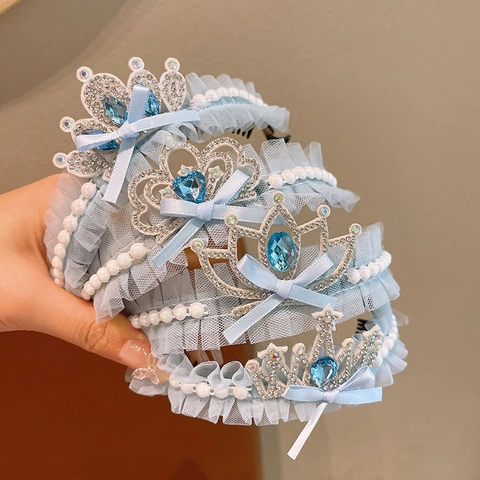 Pinza para el Pelo Corona Princesa Niños Encaje Azul Lazo Malla Diamantes de Imitación Perla Artificial Pettine para Niñas Fiesta Cumpleaños
