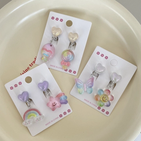Orecchini a Clip in Resina Macaron per Bambini Ragazze Asimmetrici Arcobaleno Fiore Coniglio Cuore Cartone Gioielli Regalo