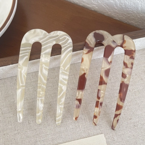 Bastoncino per Capelli in Acetato Forcina a U a Tre Denti Motivo Tartarugato Marmorizzato Stile Cinese Retro per Donna