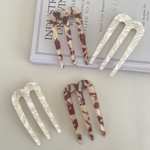 Bastoncino per Capelli in Acetato Forcina a U a Tre Denti Motivo Tartarugato Marmorizzato Stile Cinese Retro per Donna